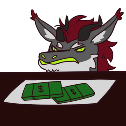 An illustration of monstrousonmain&#39;s sona, Raigr, making a salad cat face in front of a plate of money.